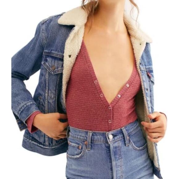 Free People Keep Your Cool Waffle Thermal Bodysuit Wild County Pink Small‎ - Picture 2 of 15